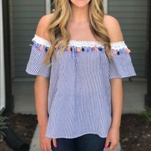 Striped tassel off the shoulder top
